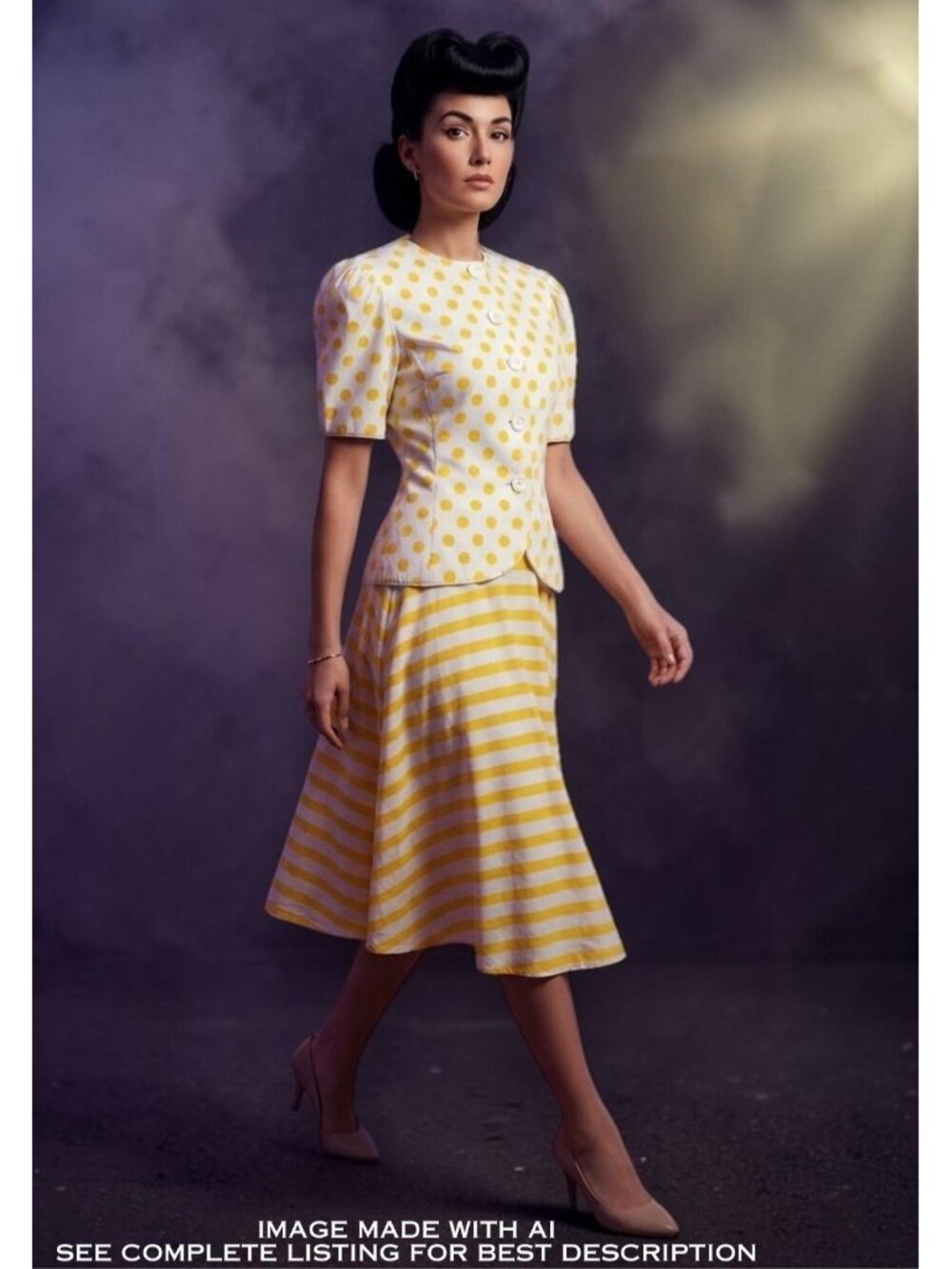 Vintage Raul Blanco Skirt Suit 4 Polka Dots Stripes Sunny Yellow Rockabilly